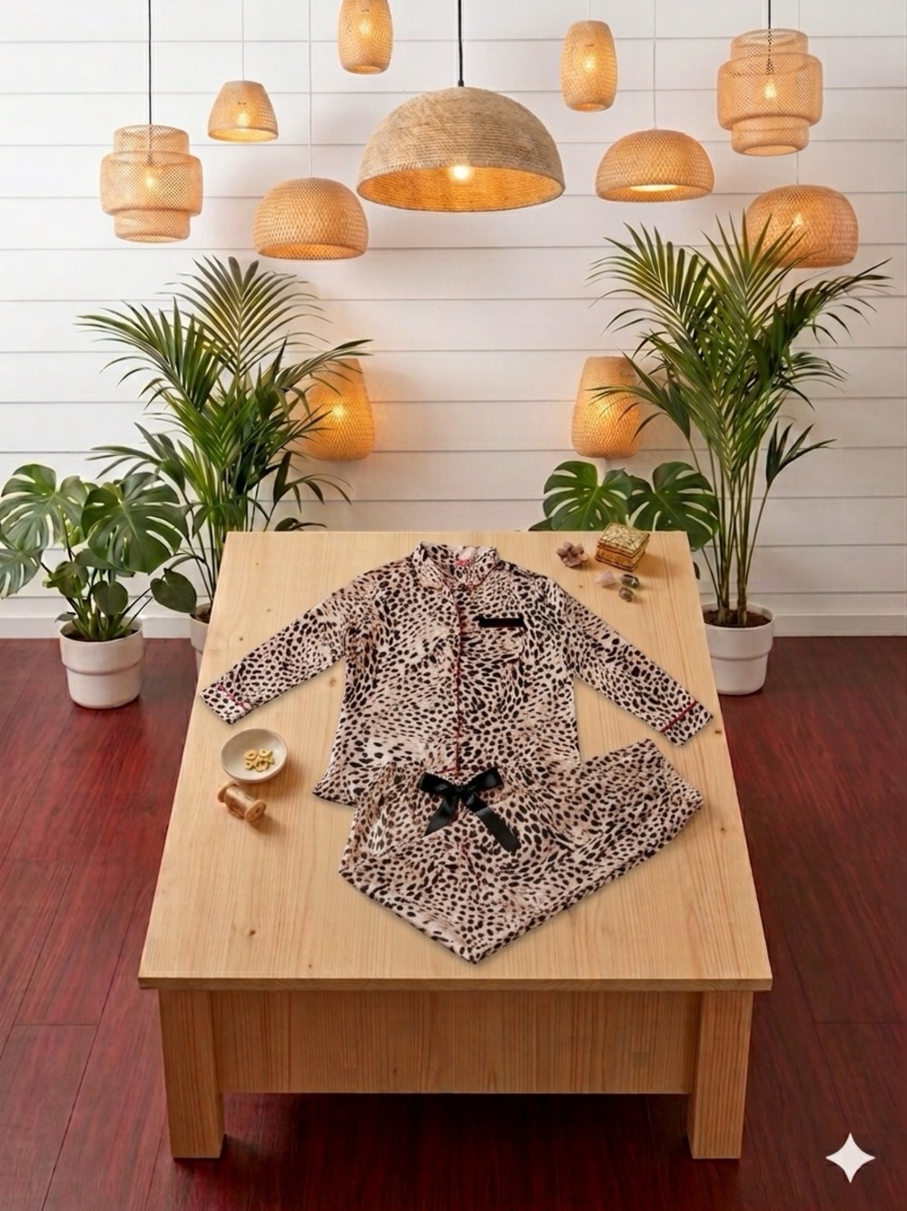 Leopard Print Pajama Set with Black Trim & Red Piping